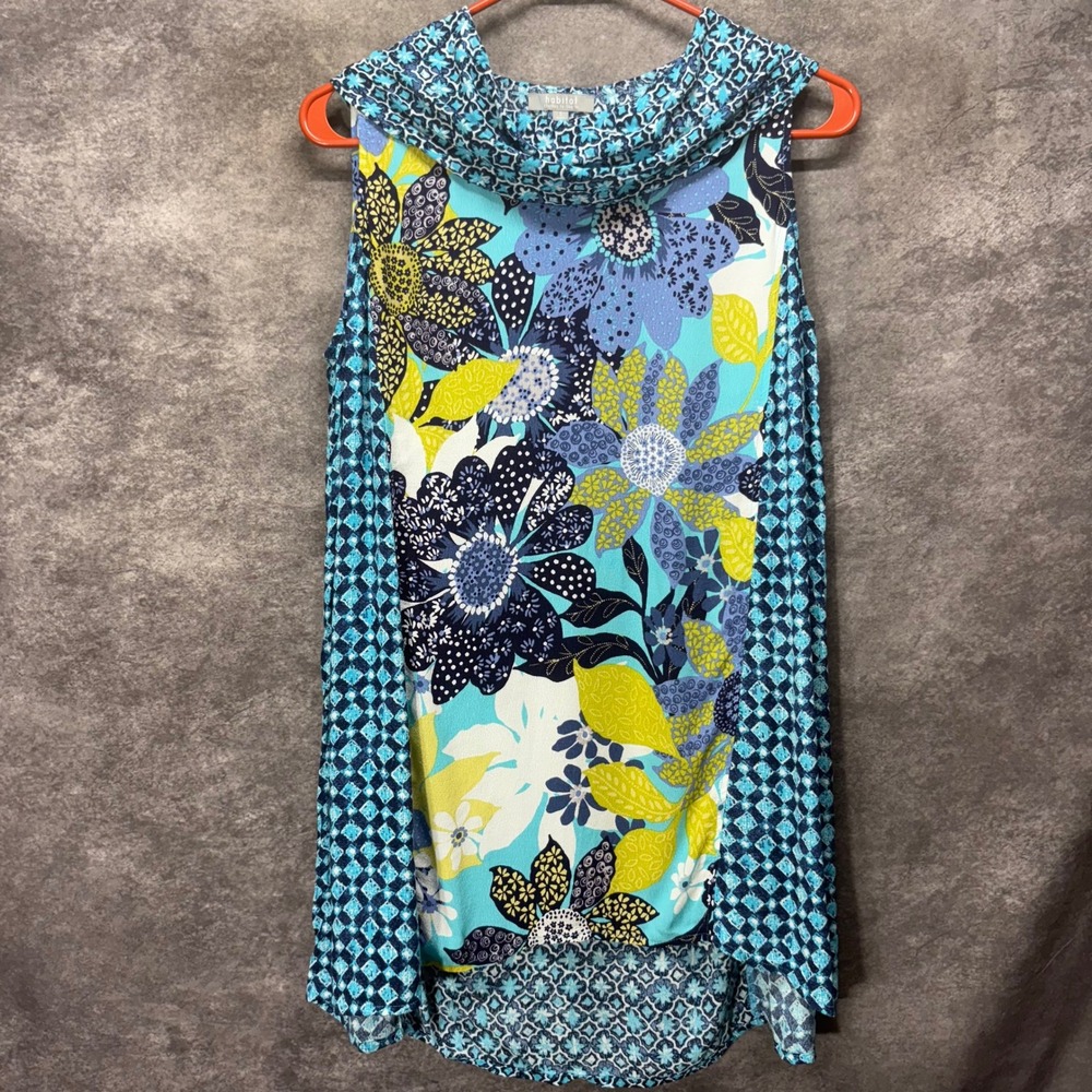 Habitat Blue Floral Geometric Cowl Neck Sleeveless Tunic Top Size S Boho Artsy